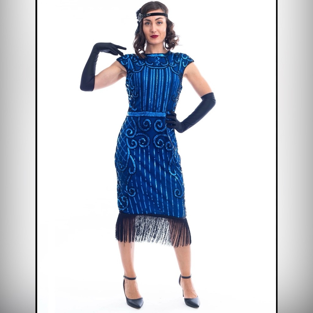 Gatsby 1920’s Era Style Costume Blue  and Black Sequins Beaded Dress With Fringe